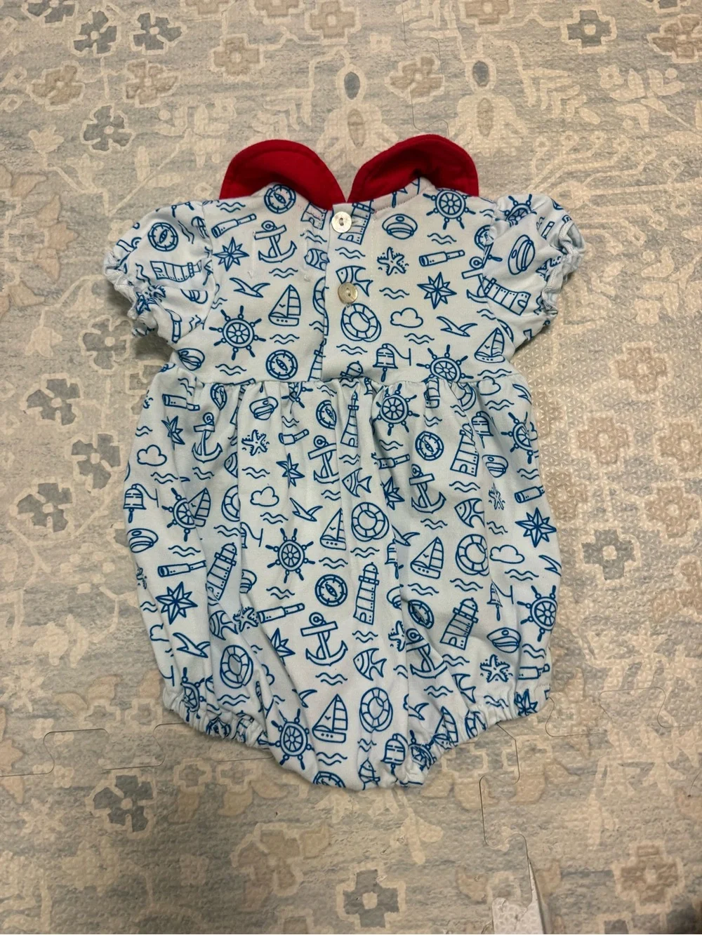 Nautical-Print Baby One-Piece with Red Peter Pan Collar